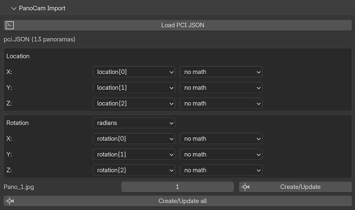 PCA panocam importer panel