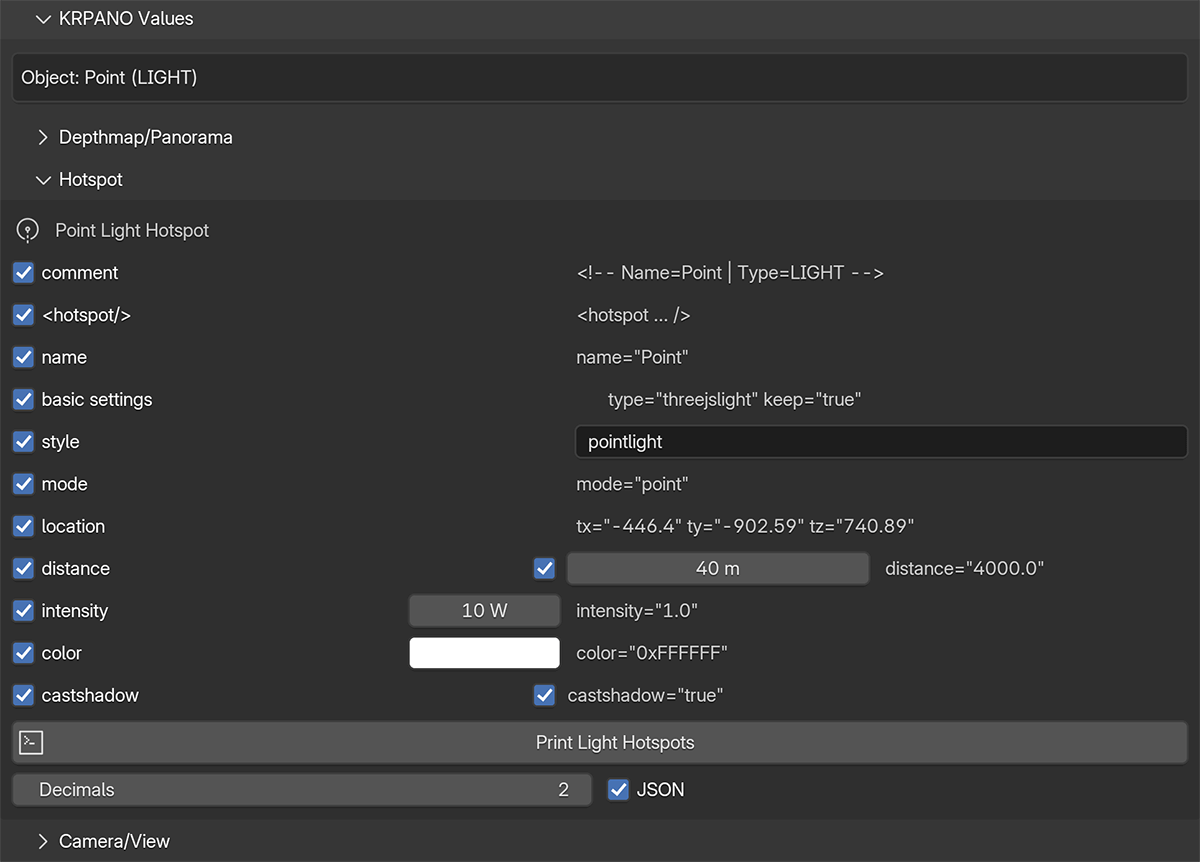 pca pointlight values